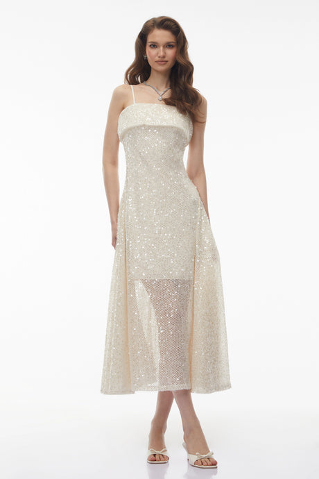 Leah Cream White Weave Design Sequin Midi Dress