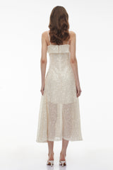 Leah Cream White Weave Design Sequin Midi Dress