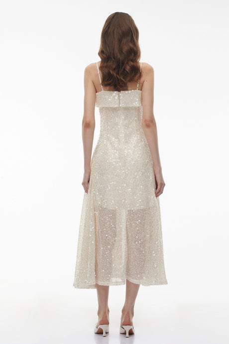 Leah Cream White Weave Design Sequin Midi Dress