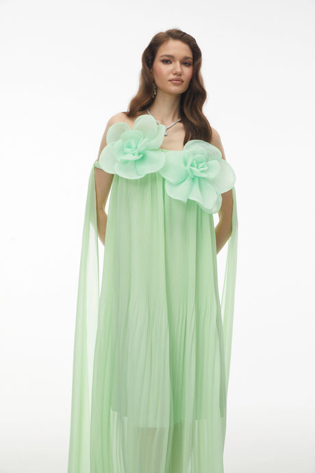 Leah Green Off Shoulder Maxi Dress with 3D Florals