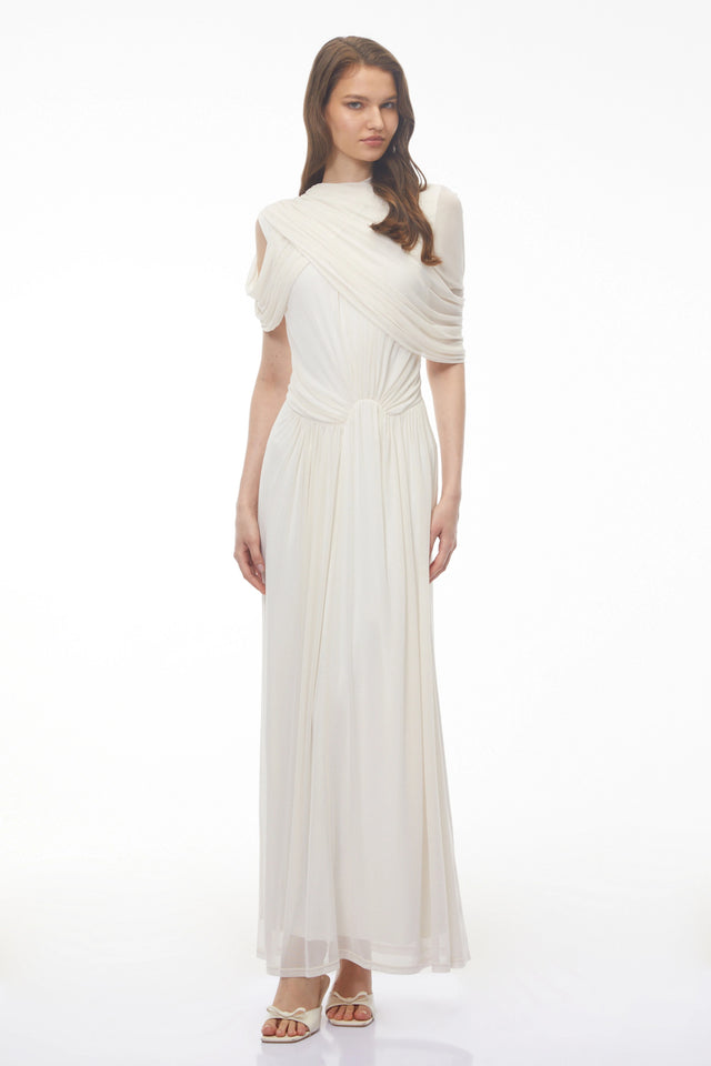 Leah White Asymmetrical Cross Front Maxi Dress