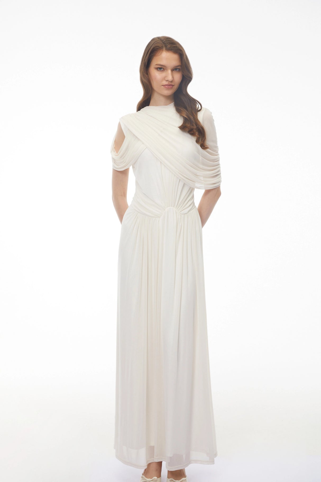 Leah White Asymmetrical Cross Front Maxi Dress