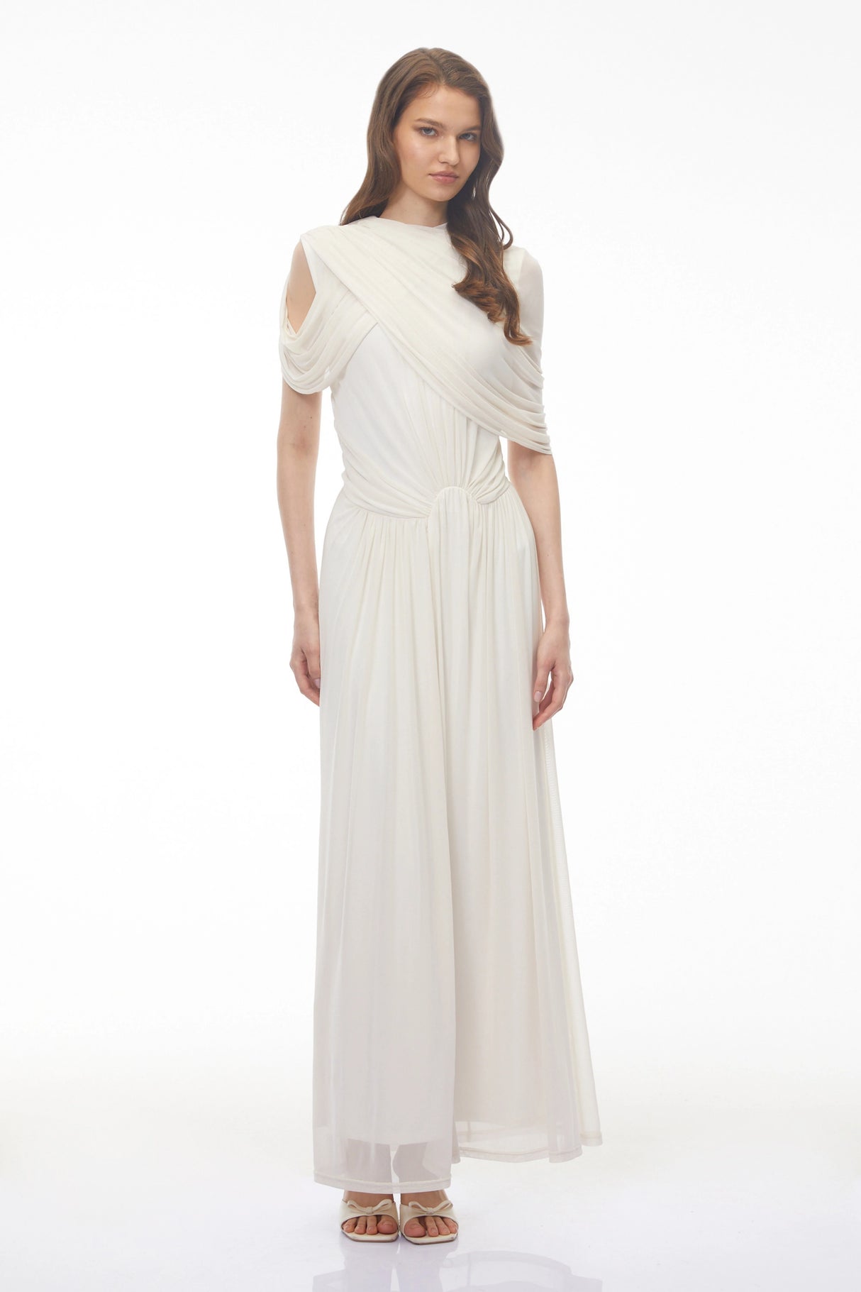 Leah White Asymmetrical Cross Front Maxi Dress