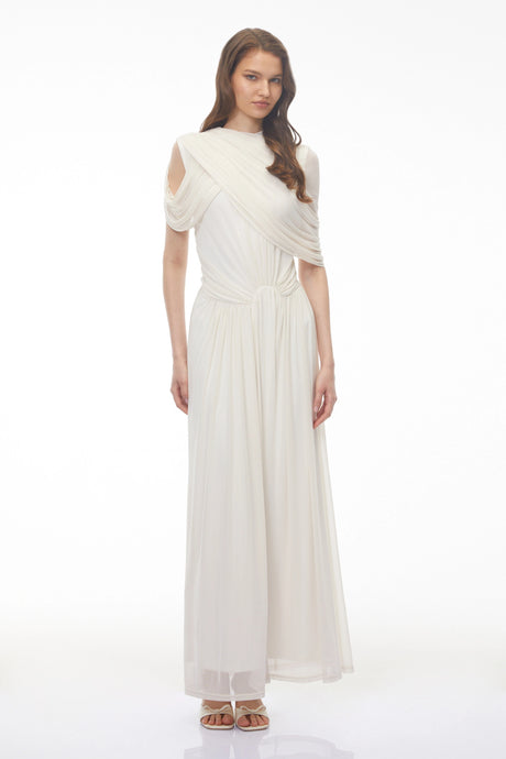 Leah White Asymmetrical Cross Front Maxi Dress