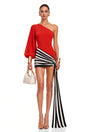 Leandra Red One Shoulder Striped Draped Mini Dress