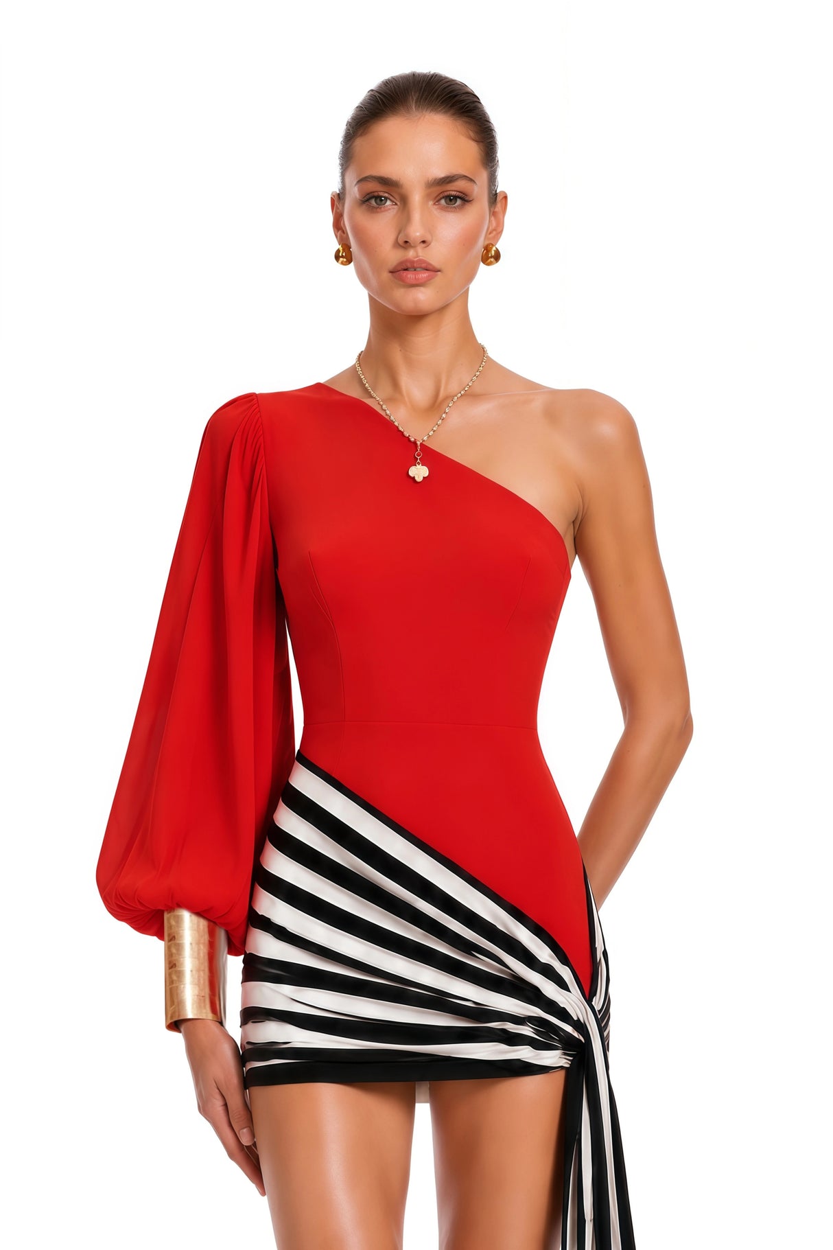 Leandra Red One Shoulder Striped Draped Mini Dress