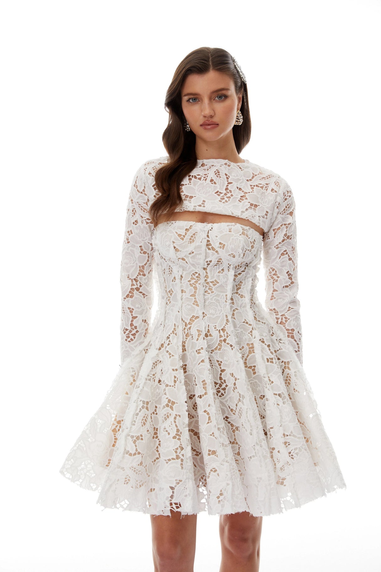 Leif White Lace Overlay Mini Dress with Lace Cape