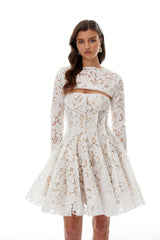 Leif White Lace Overlay Mini Dress with Lace Cape