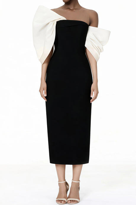 Celeste Midi Dress Black with Asymmetrical Bow Detail
