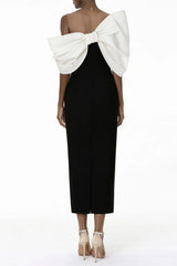 Leire Black Midi Dress with Asymmetrical Bow Detail
