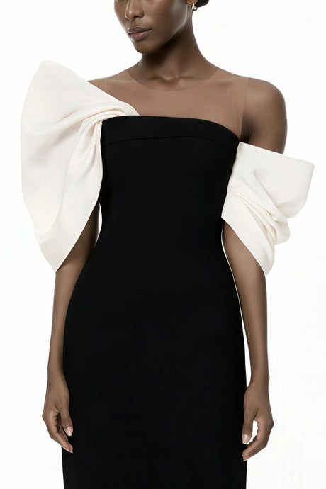 Celeste Midi Dress Black with Asymmetrical Bow Detail