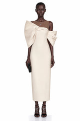 Leire Cream Midi Dress with Asymmetrical Bow Detail