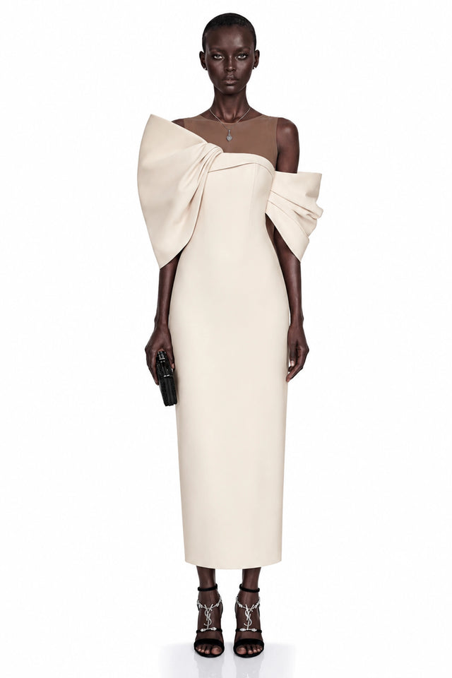 Leire Cream Midi Dress with Asymmetrical Bow Detail