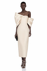 Leire Cream Midi Dress with Asymmetrical Bow Detail