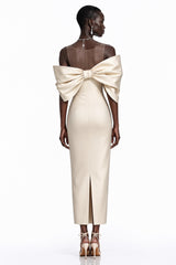 Leire Cream Midi Dress with Asymmetrical Bow Detail