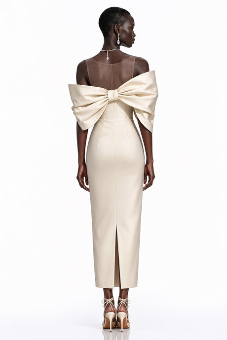 Vada Midi Dress Cream with Asymmetrical Bow Detail