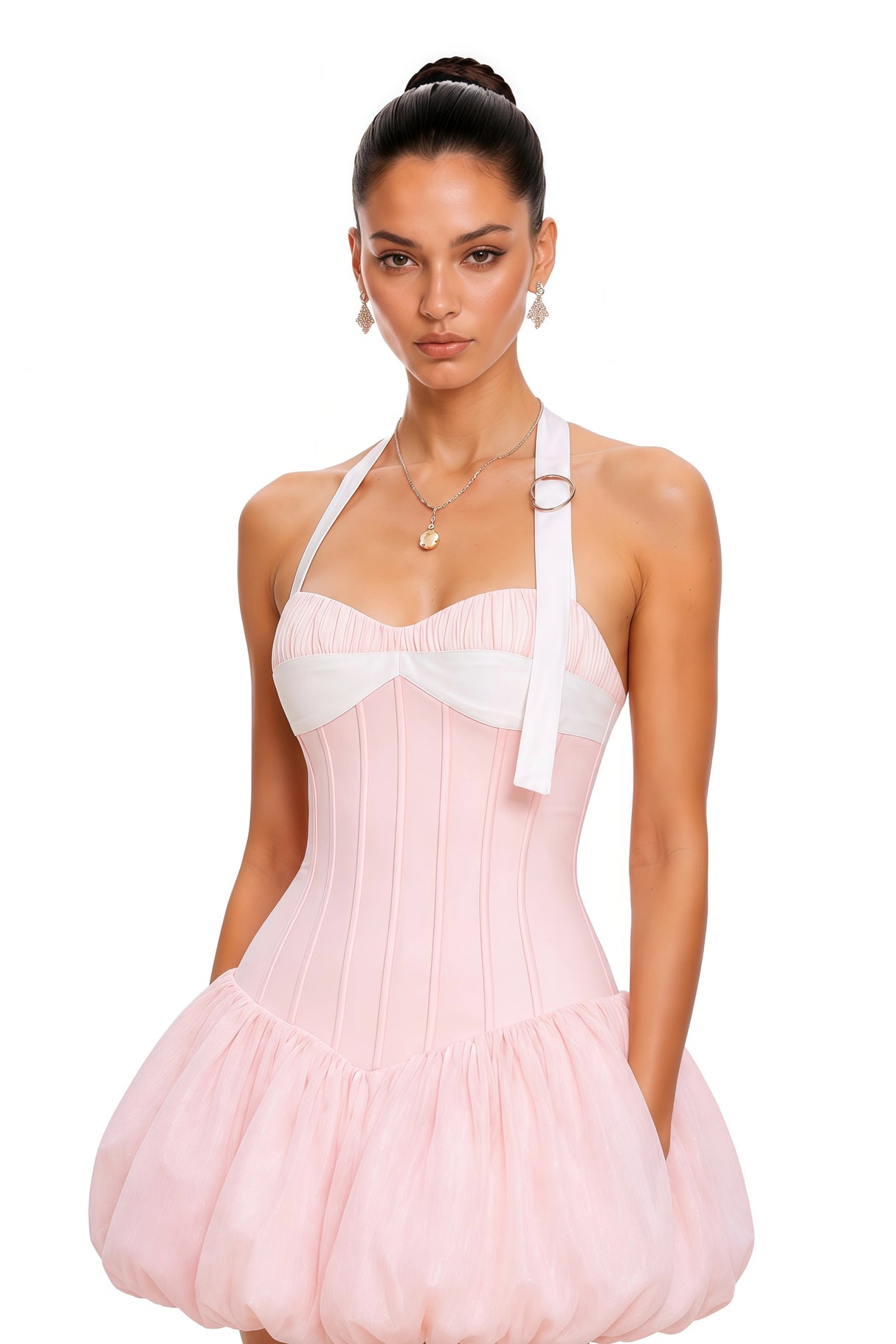 Leire Pink Color Block Halterneck Mini Dress