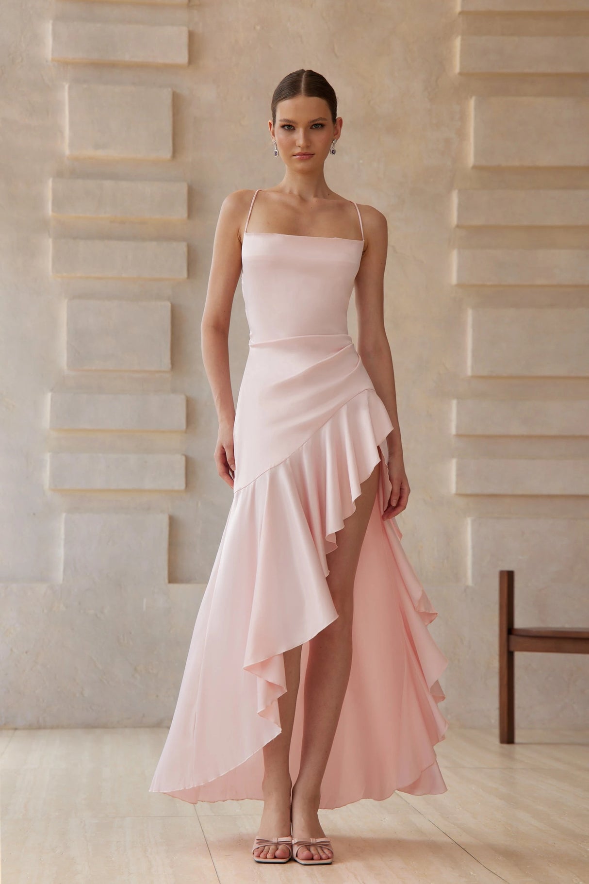 Léna Pink Asymmetrical Satin Midi Dress