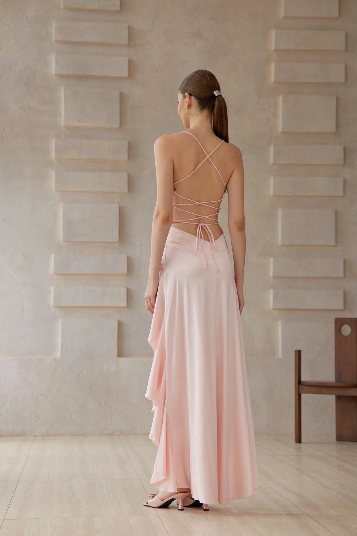 Léna Pink Asymmetrical Satin Midi Dress