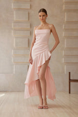 Léna Pink Asymmetrical Satin Midi Dress