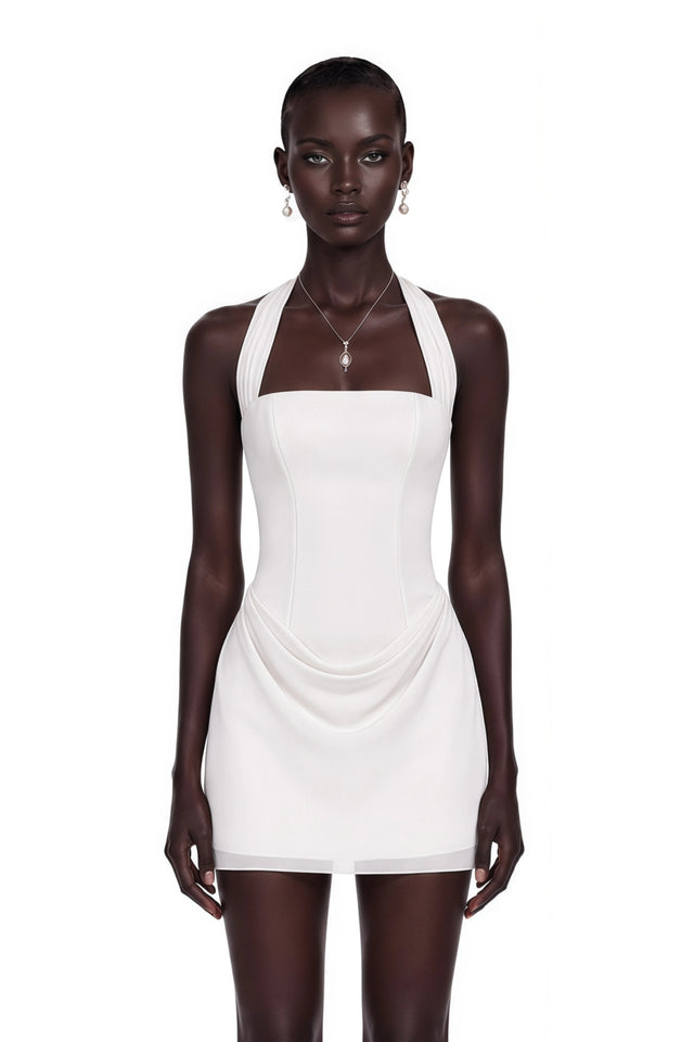 Lenka Cream Halterneck Draped Mini Dress