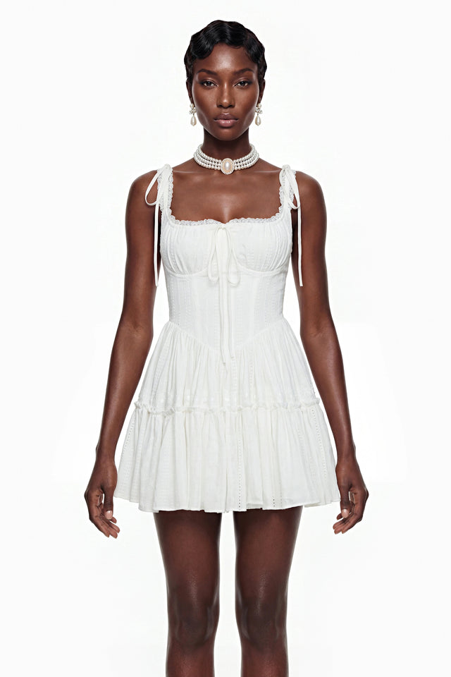 Lente White Ruffled Lace Mini Dress