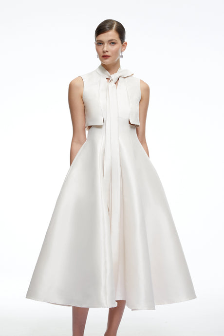 Enrica Midi Dress Beige Satin with Bow