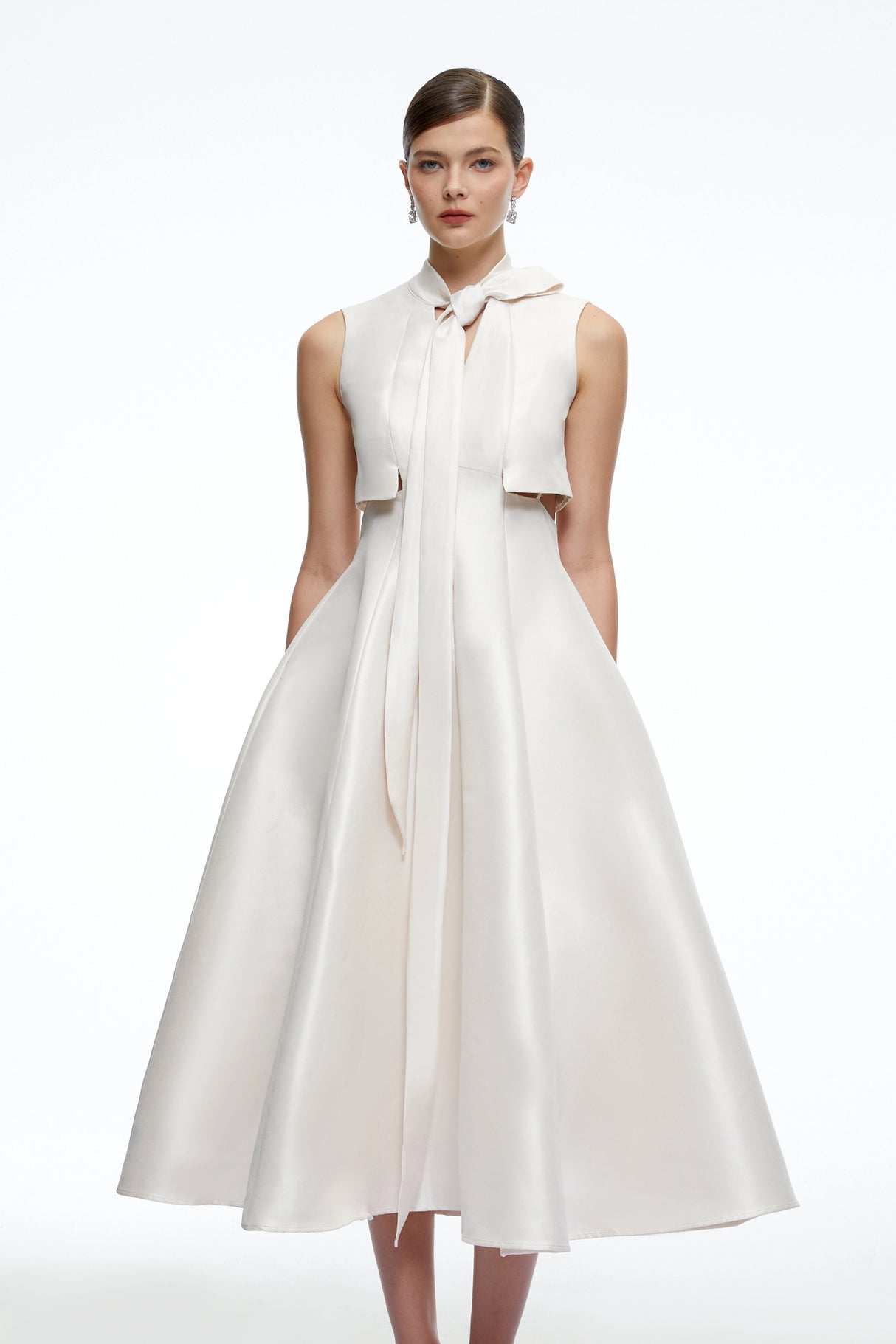 Leocadia Beige Satin Midi Dress with Bow