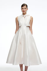 Leocadia Beige Satin Midi Dress with Bow
