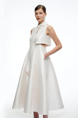 Leocadia Beige Satin Midi Dress with Bow