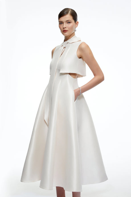 Enrica Midi Dress Beige Satin with Bow