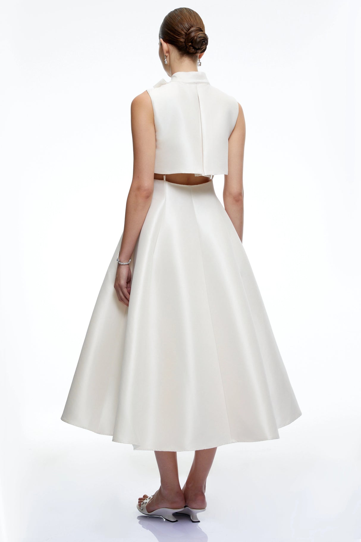 Leocadia Beige Satin Midi Dress with Bow