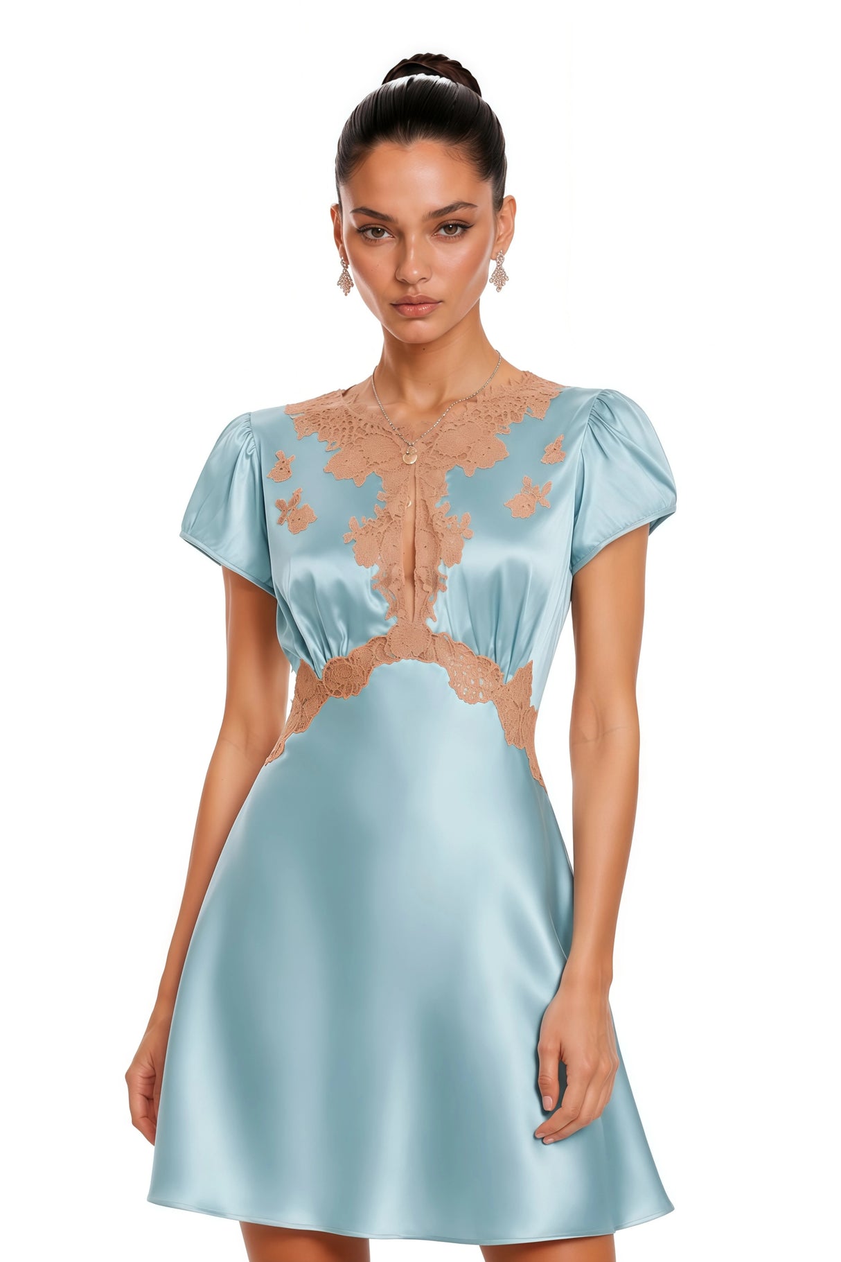 Leocadia Blue Satin Lace Trim Mini Dress
