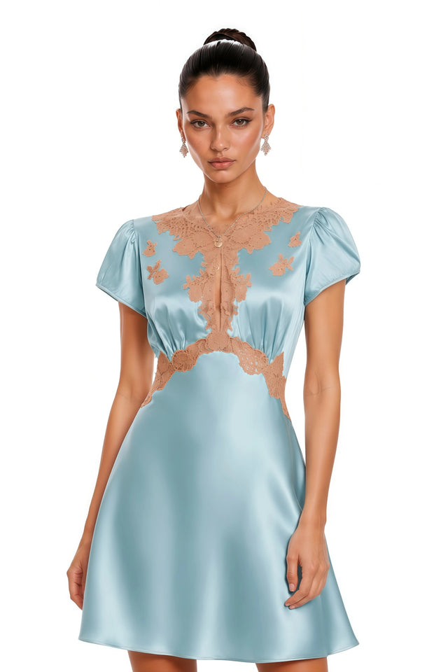 Leocadia Blue Satin Lace Trim Mini Dress