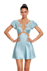 Leocadia Blue Satin Lace Trim Mini Dress