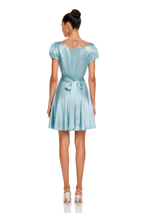 Isabella Mini Dress Blue Satin Lace Trim