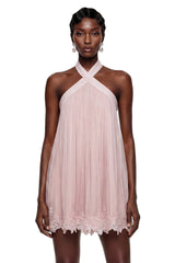 Léonie Pink Cross Front Mini Dress with Lace Trim