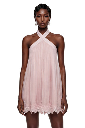 Léonie Pink Cross Front Mini Dress with Lace Trim