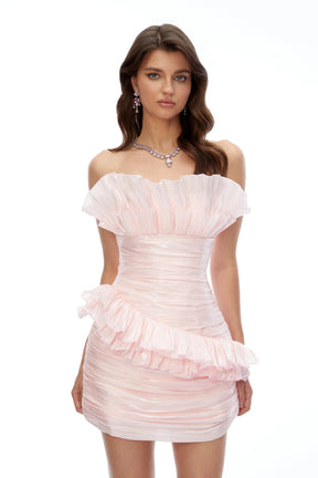 Leonor Pink Asymmetrical Ruffled Mini Dress