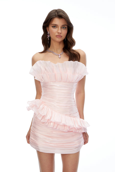 Lainey Mini Dress Pink Asymmetrical Ruffled