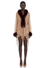 Leonora Brown Sheer Tulle Mini Dress with Feather Trim