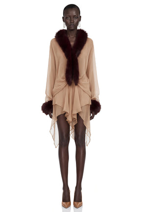 Leonora Brown Sheer Tulle Mini Dress with Feather Trim