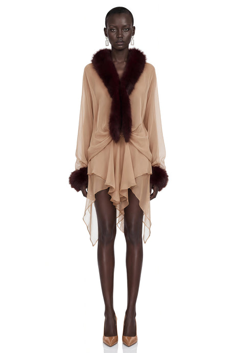 Antonella Mini Dress Brown Sheer Tulle with Feather Trim
