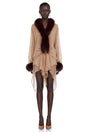 Leonora Brown Sheer Tulle Mini Dress with Feather Trim