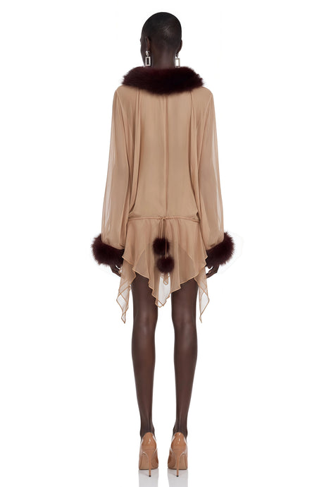 Antonella Mini Dress Brown Sheer Tulle with Feather Trim