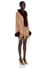 Leonora Brown Sheer Tulle Mini Dress with Feather Trim