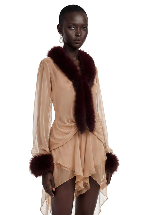 Antonella Mini Dress Brown Sheer Tulle with Feather Trim