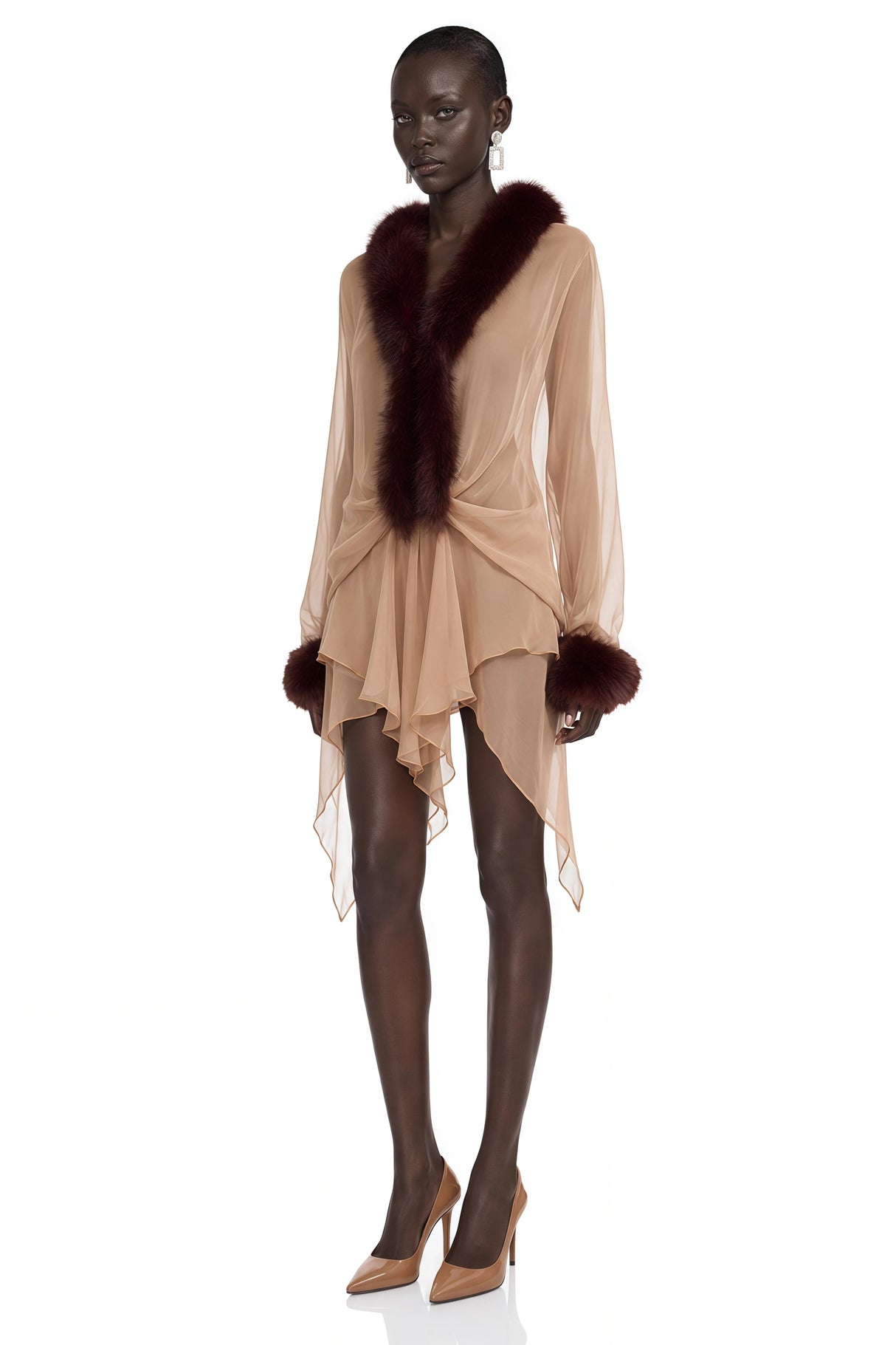 Leonora Brown Sheer Tulle Mini Dress with Feather Trim