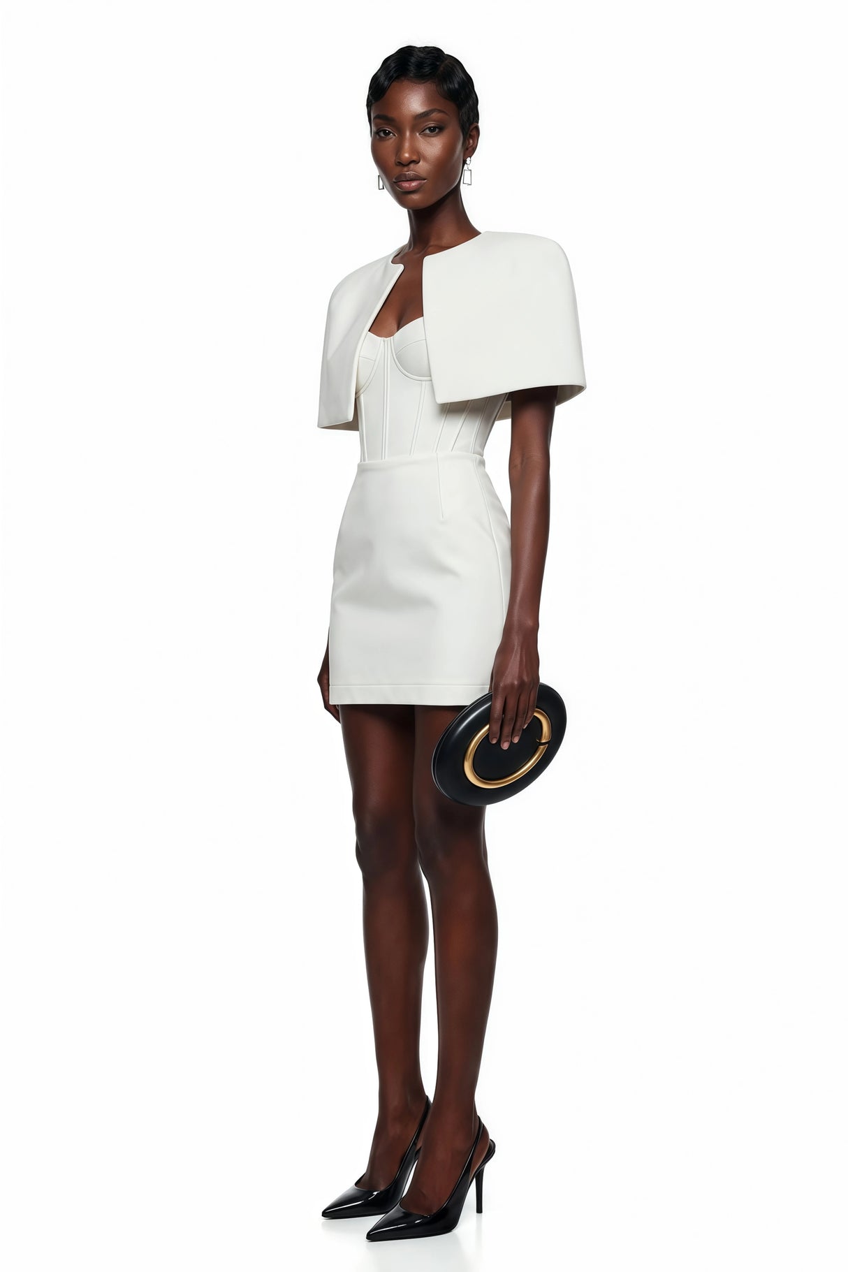 Leonora White Corset Mini Dress Set with Structured Cape