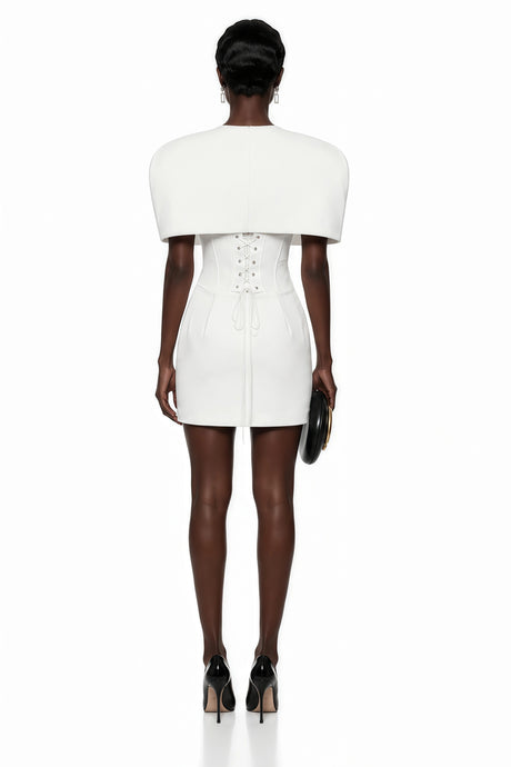 Brinley Mini Dress White Corset Set with Structured Cape